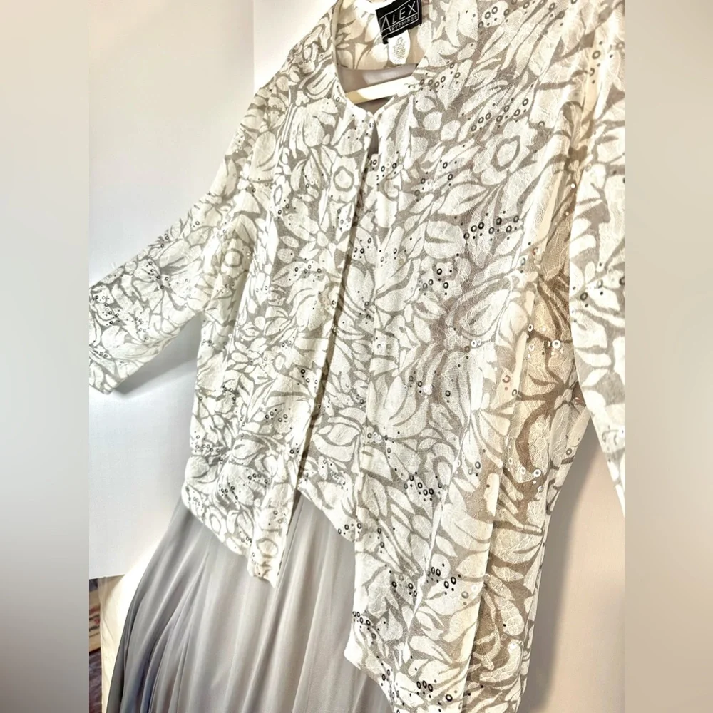 Alex Evenings formal full lace cami dress w/chiffon skirt and lace sequin jacket - Picture 3 of 4